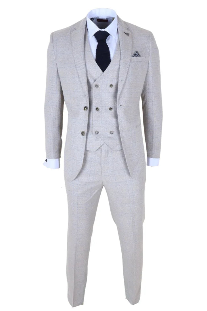 Luis - Traje de tres piezas para hombre, color crema a cuadros, corte ajustado