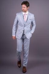 Luis - Traje de tres piezas para hombre, azul claro a cuadros, corte ajustado