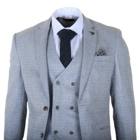 Luis - Traje de tres piezas para hombre, azul claro a cuadros, corte ajustado