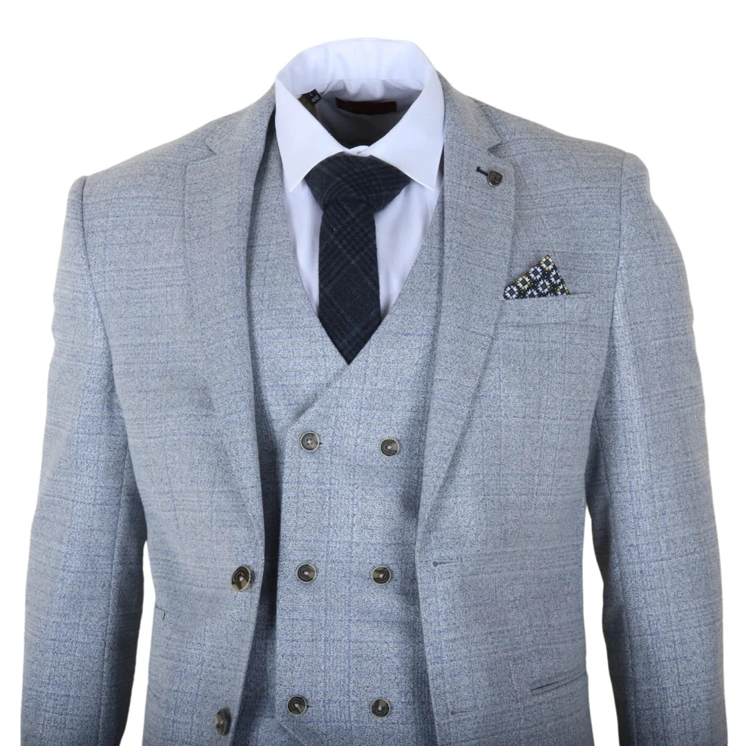 Luis - Traje de tres piezas para hombre, azul claro a cuadros, corte ajustado