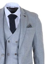 Luis - Traje de tres piezas para hombre, azul claro a cuadros, corte ajustado