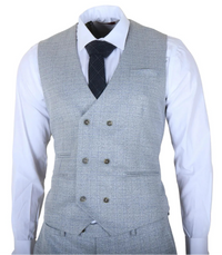 Luis - Traje de tres piezas para hombre, azul claro a cuadros, corte ajustado