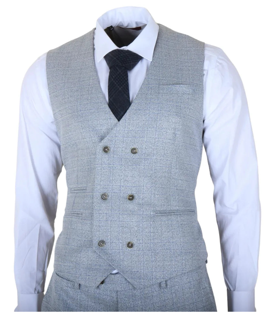 Luis - Traje de tres piezas para hombre, azul claro a cuadros, corte ajustado