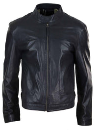 Chaqueta clásica de cuero auténtico estilo motero para hombre - Negra
