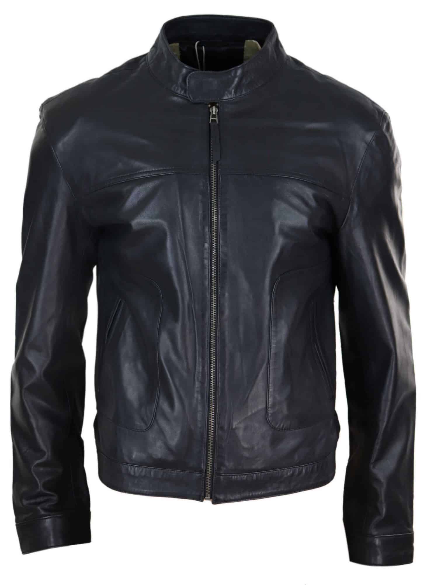 Chaqueta clásica de cuero auténtico estilo motero para hombre - Negra