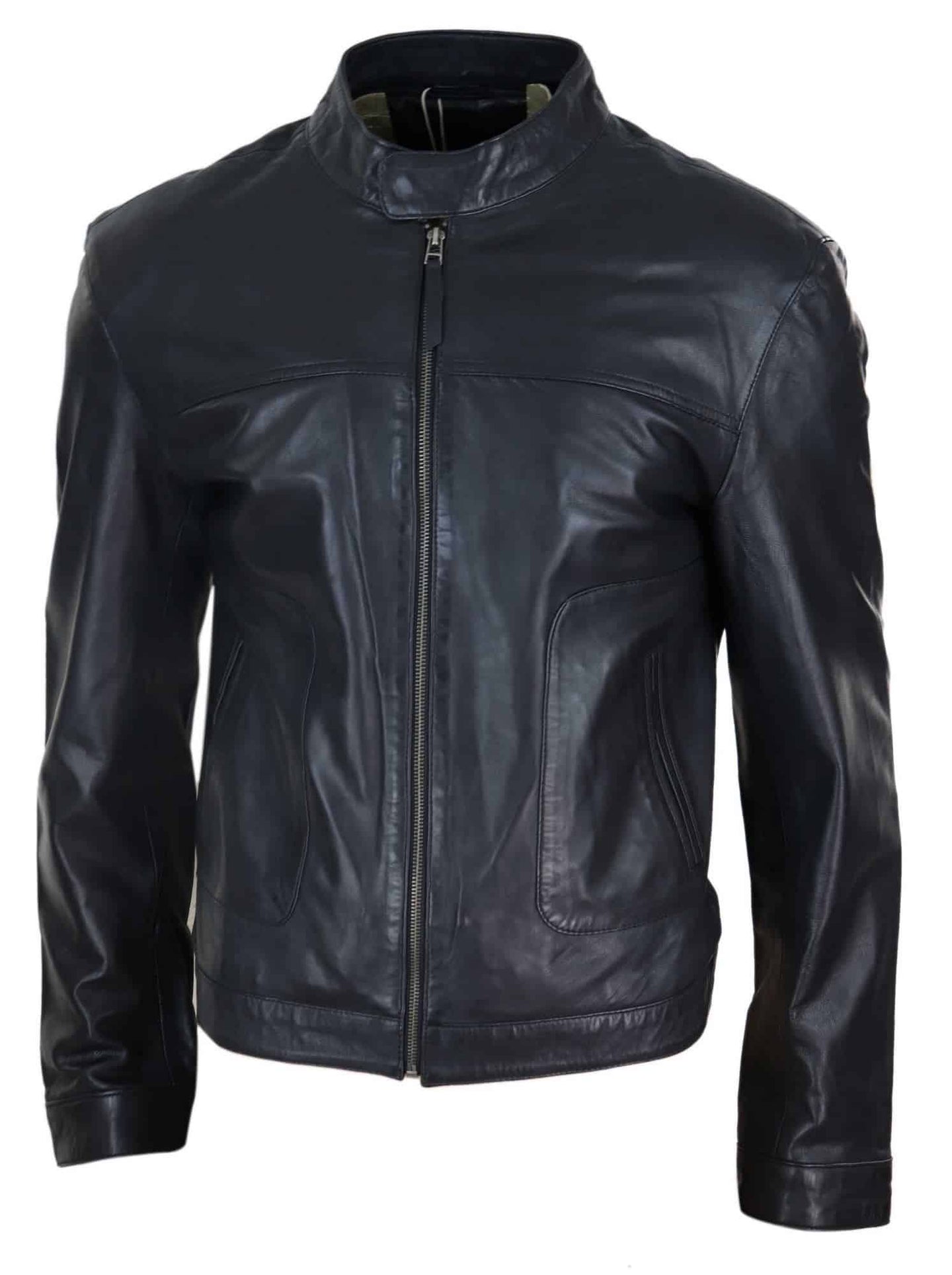 Chaqueta clásica de cuero auténtico estilo motero para hombre - Negra