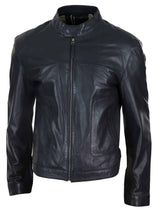 Chaqueta clásica de cuero auténtico estilo motero para hombre - Negra
