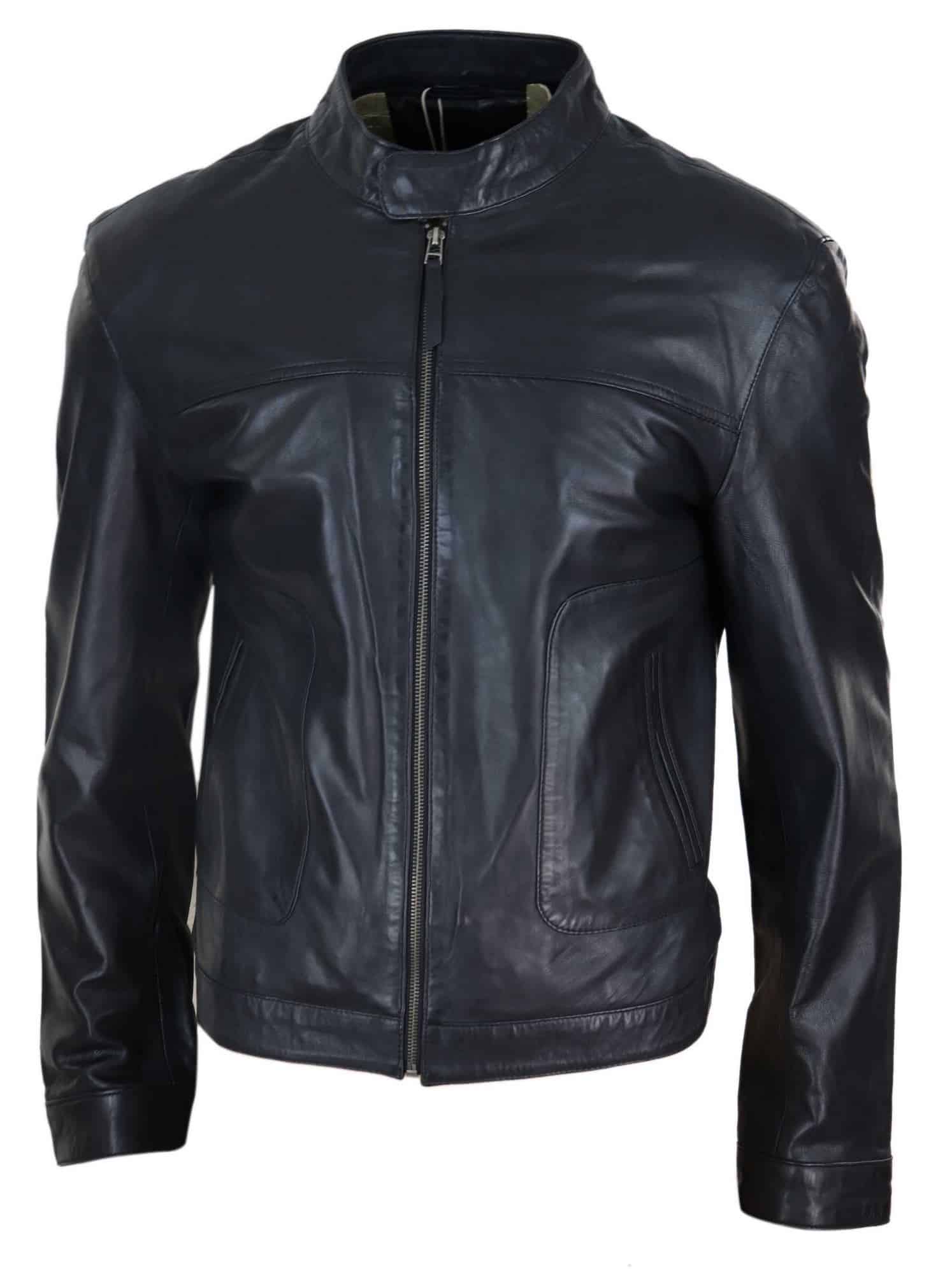 Chaqueta clásica de cuero auténtico estilo motero para hombre - Negra