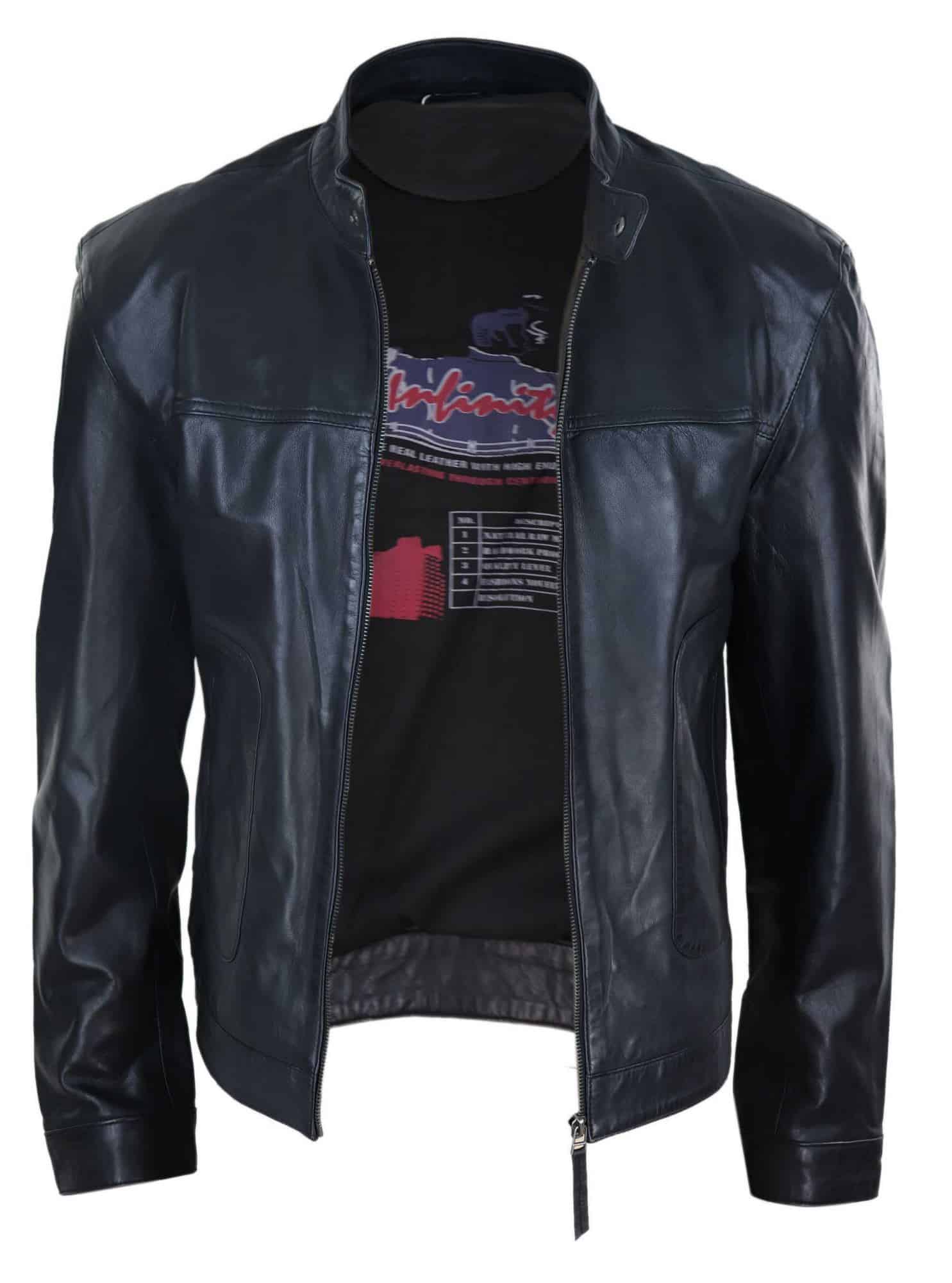 Chaqueta clásica de cuero auténtico estilo motero para hombre - Negra