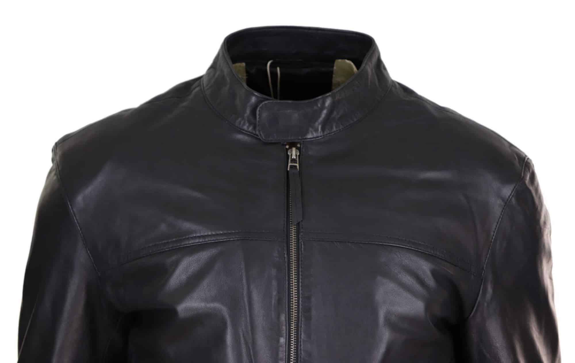 Chaqueta clásica de cuero auténtico estilo motero para hombre - Negra