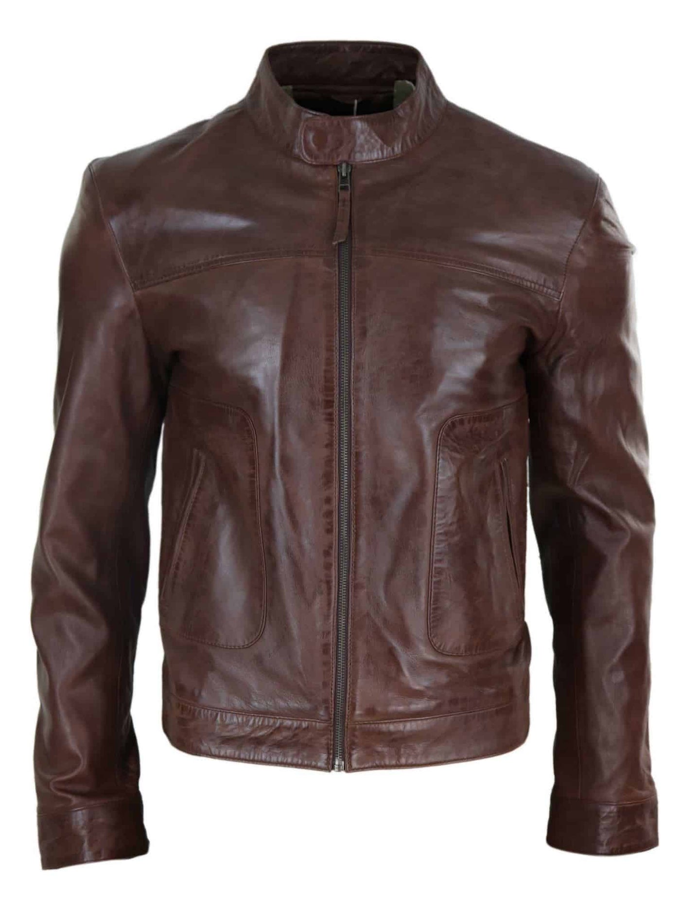 Chaqueta de cuero Lear clásica estilo motero para hombre - Marrón