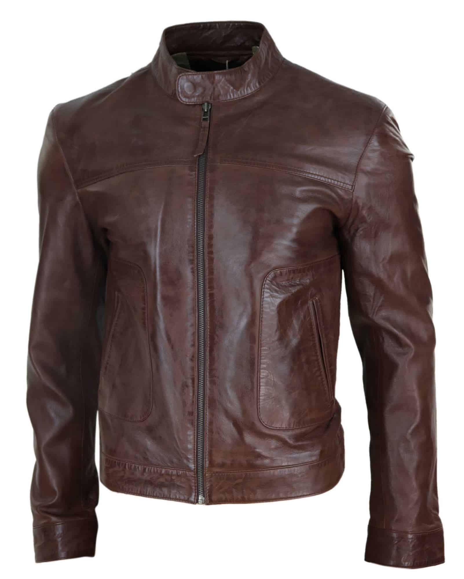 Chaqueta de cuero Lear clásica estilo motero para hombre - Marrón