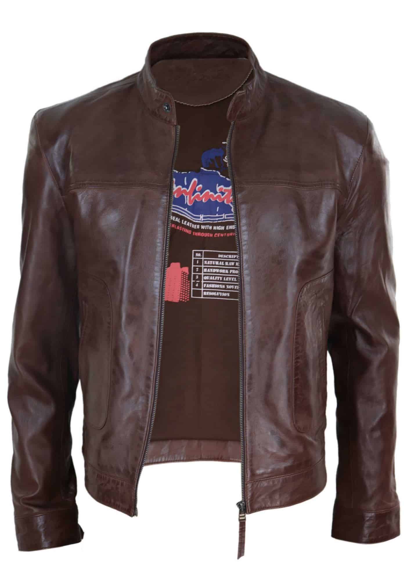 Chaqueta de cuero Lear clásica estilo motero para hombre - Marrón
