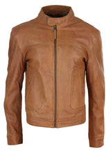 Chaqueta de hombre de cuero auténtico estilo motero clásico - Marrón claro