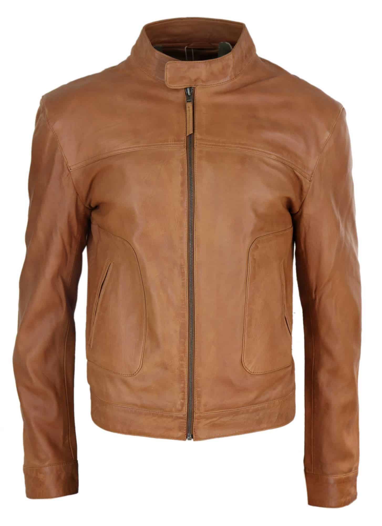 Chaqueta de hombre de cuero auténtico estilo motero clásico - Marrón claro