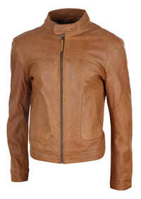 Chaqueta de hombre de cuero auténtico estilo motero clásico - Marrón claro