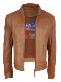 Chaqueta de hombre de cuero auténtico estilo motero clásico - Marrón claro