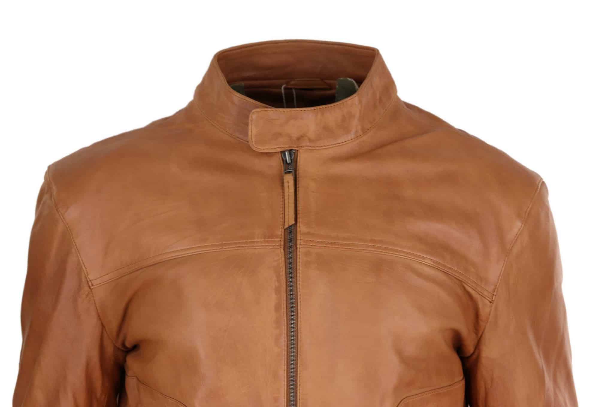 Chaqueta de hombre de cuero auténtico estilo motero clásico - Marrón claro