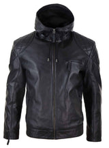 Chaqueta de cuero con capucha para hombre, estilo motero - Negra