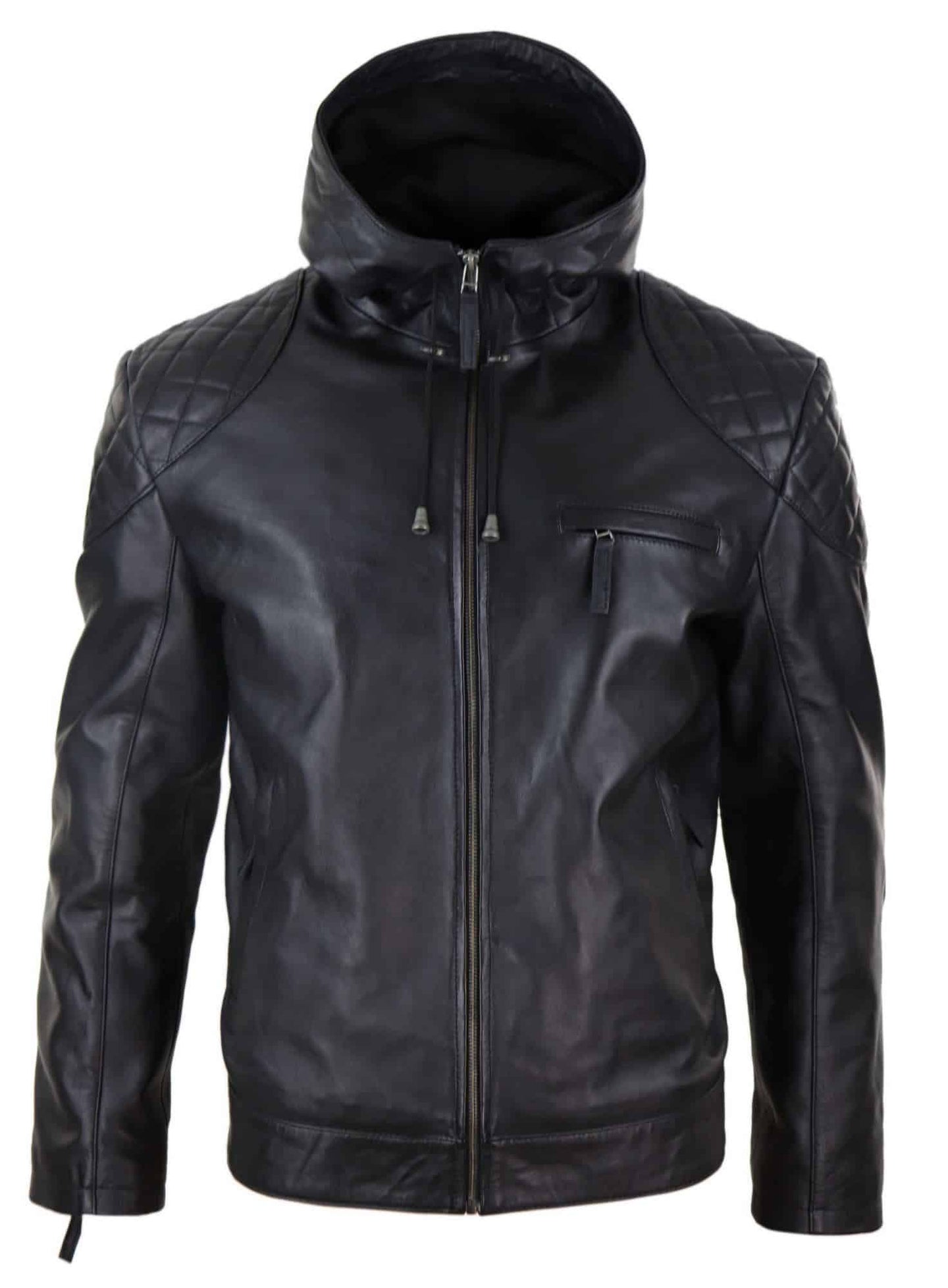 Chaqueta de cuero con capucha para hombre, estilo motero - Negra