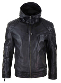 Chaqueta de cuero con capucha para hombre, estilo motero - Negra