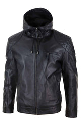 Chaqueta de cuero con capucha para hombre, estilo motero - Negra