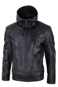 Chaqueta de cuero con capucha para hombre, estilo motero - Negra