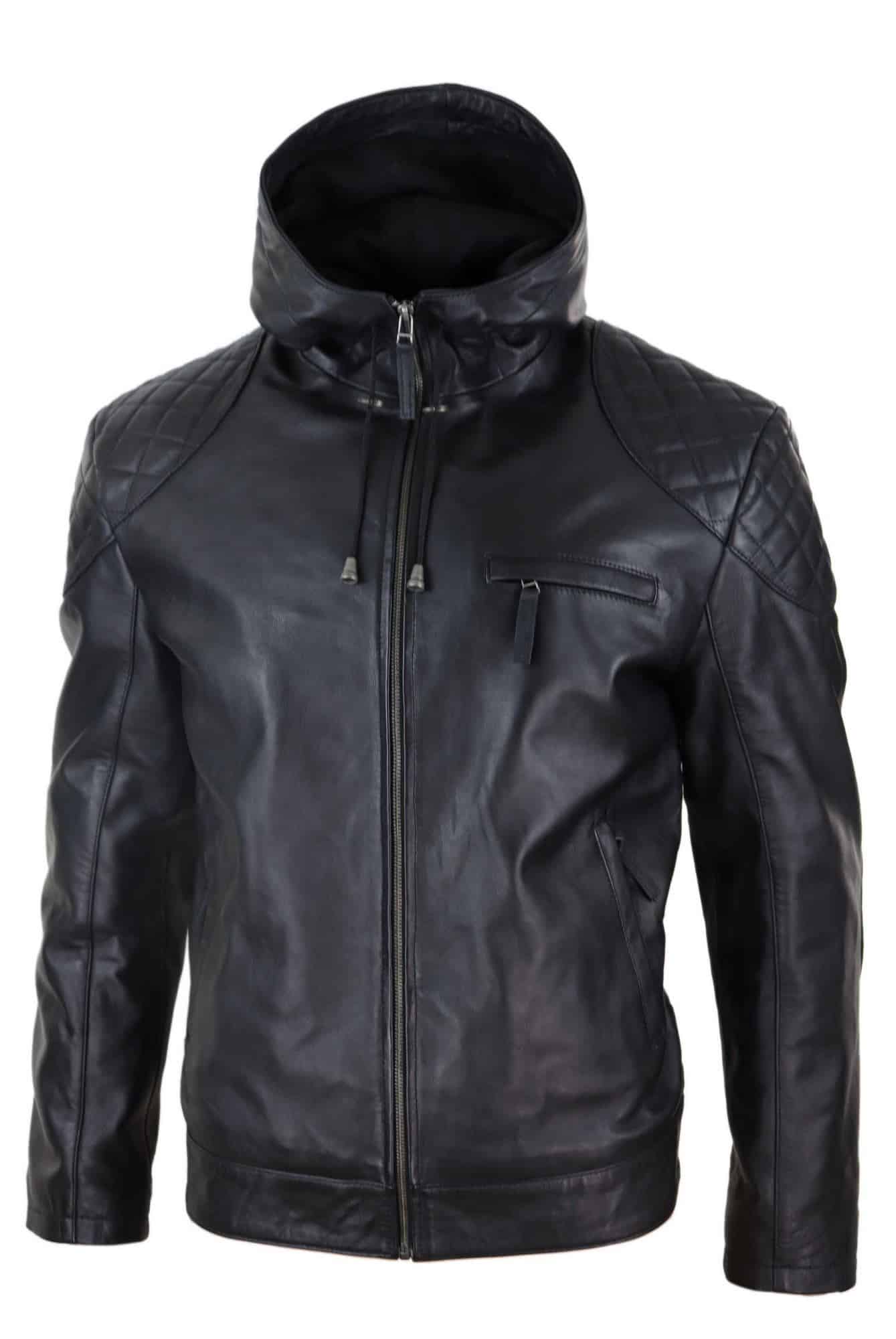 Chaqueta de cuero con capucha para hombre, estilo motero - Negra