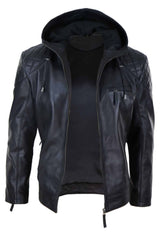 Chaqueta de cuero con capucha para hombre, estilo motero - Negra