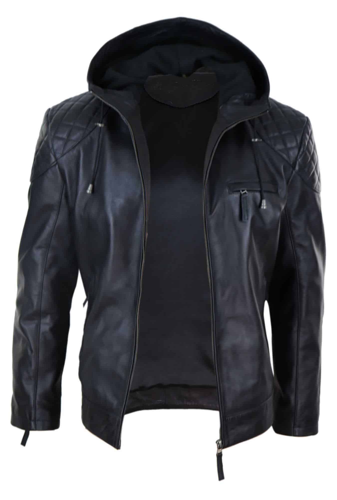 Chaqueta de cuero con capucha para hombre, estilo motero - Negra