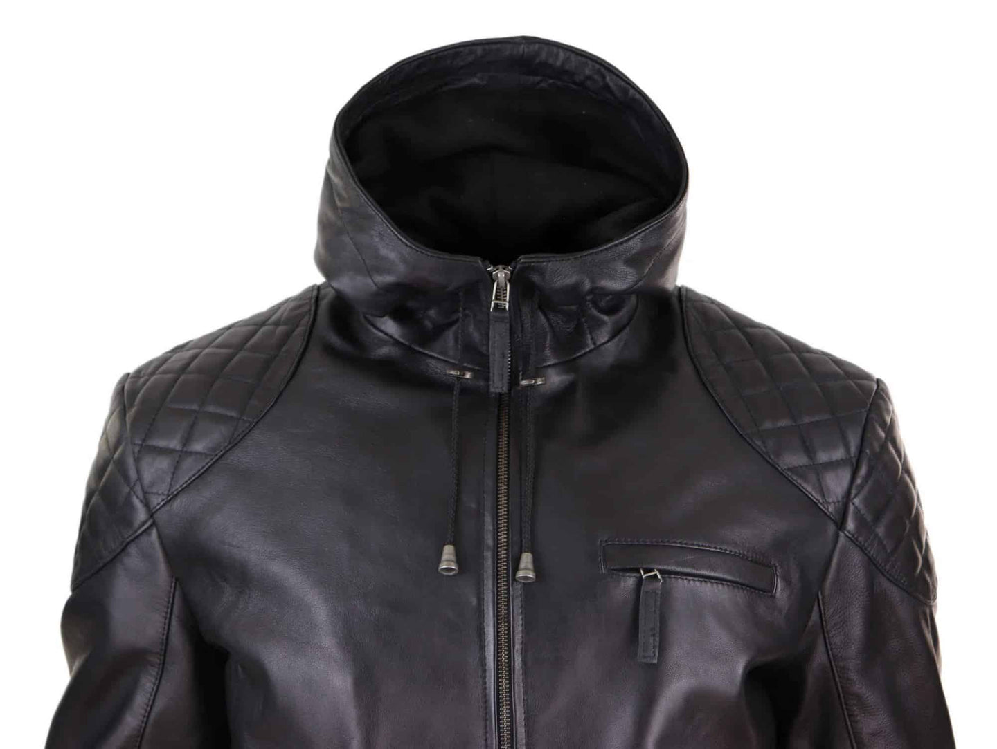 Chaqueta de cuero con capucha para hombre, estilo motero - Negra