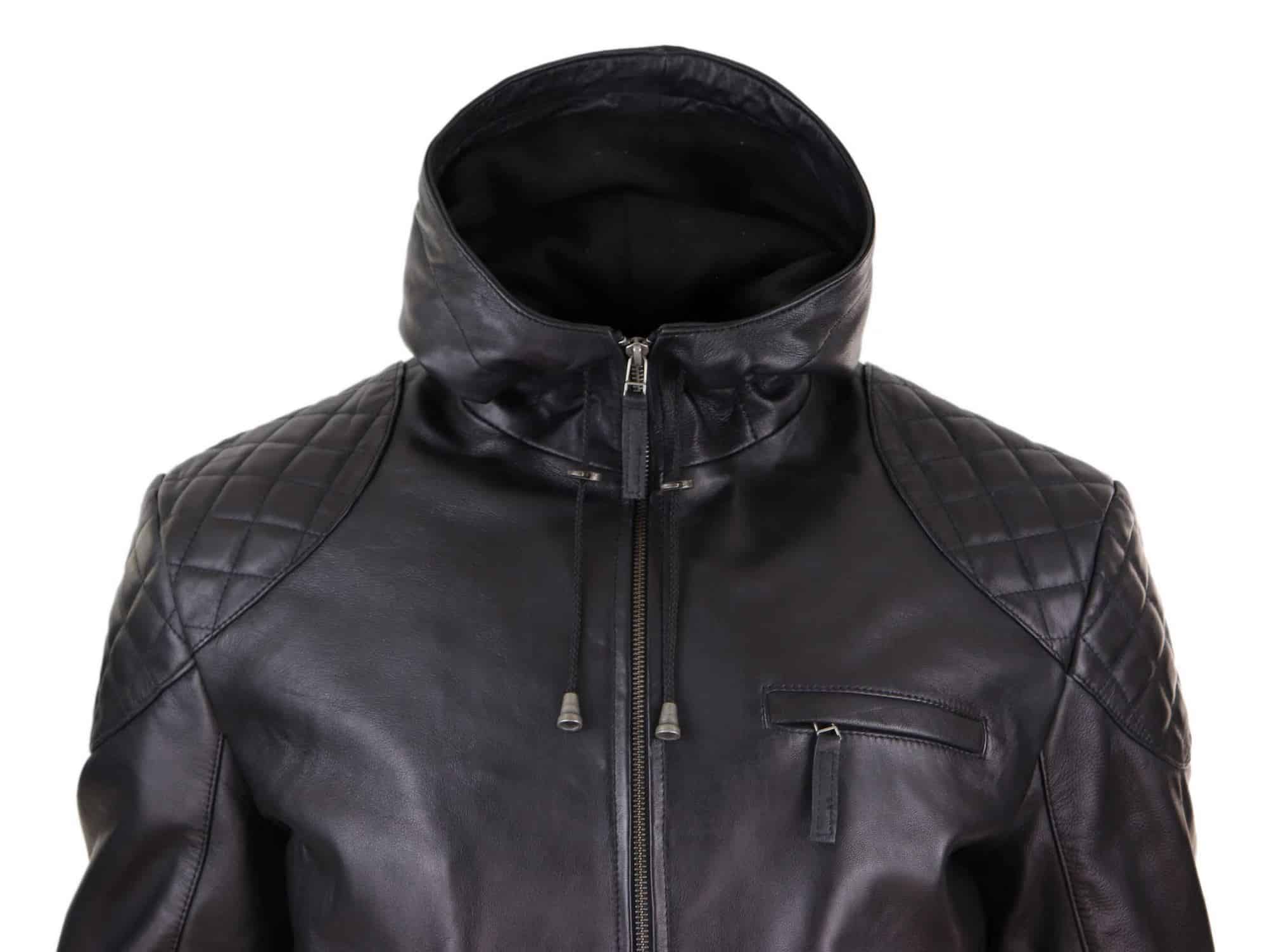 Chaqueta de cuero con capucha para hombre, estilo motero - Negra