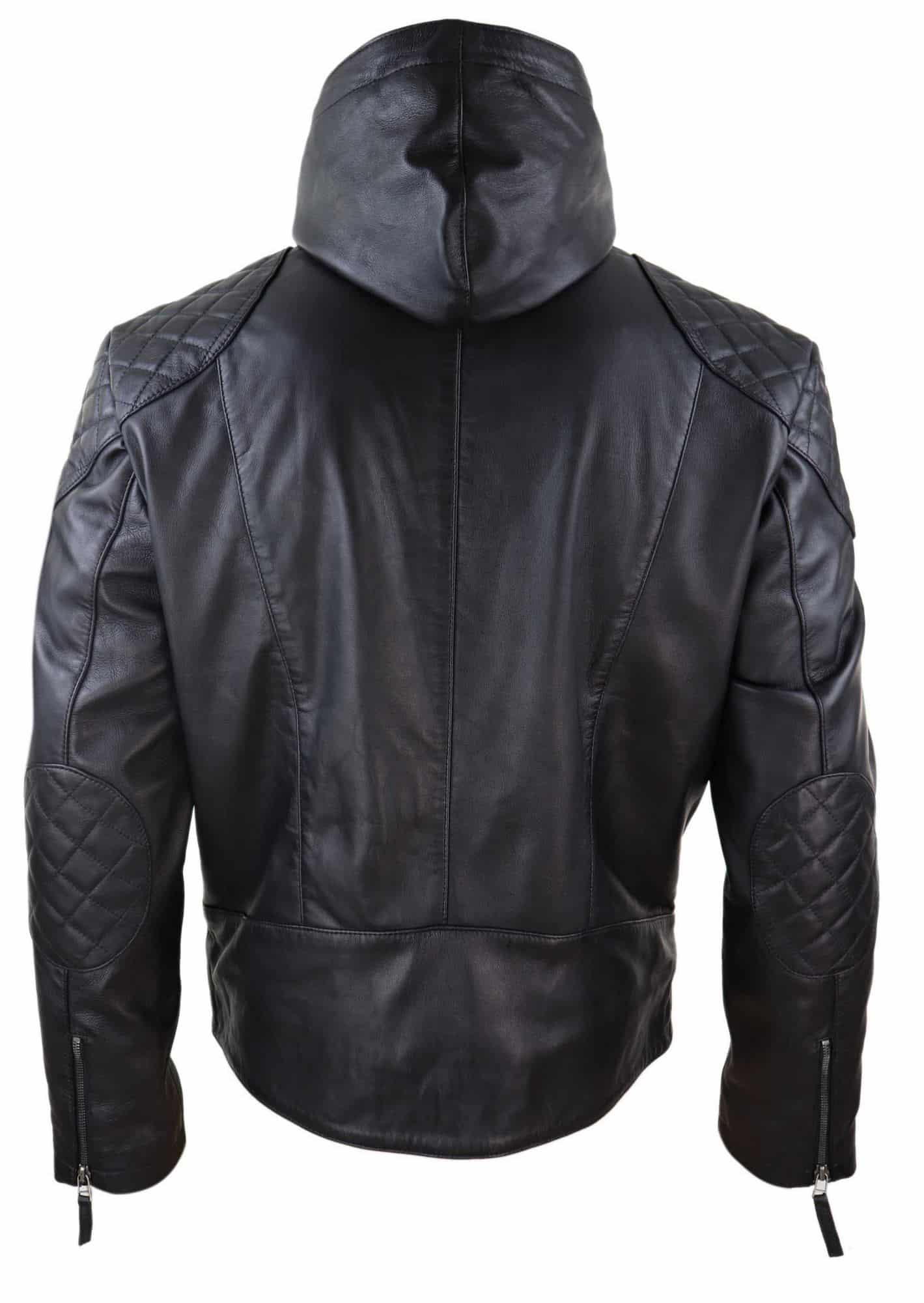 Chaqueta de cuero con capucha para hombre, estilo motero - Negra