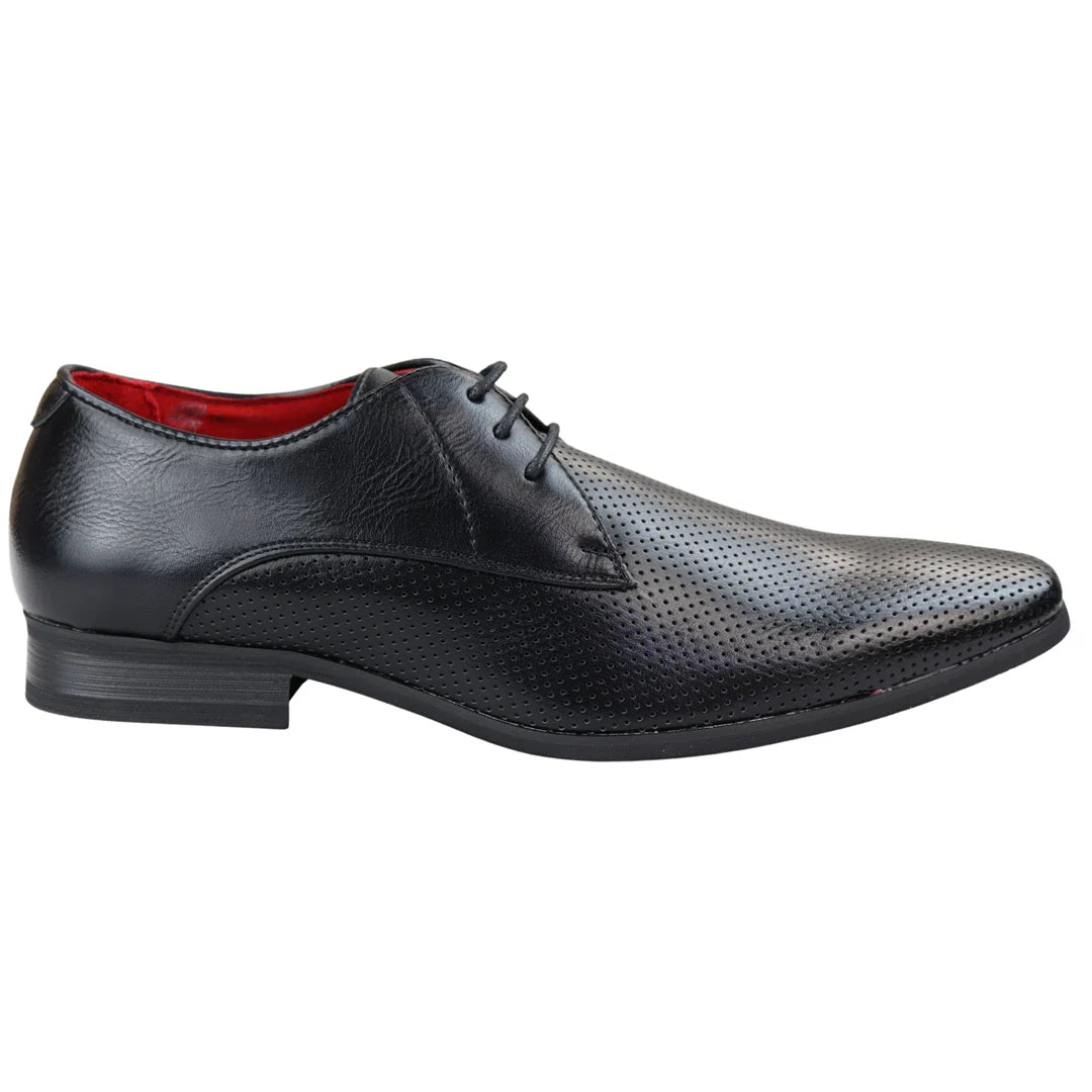 Zapatos de hombre elegantes, formales, perforados, con punta y cordones, de piel sintética negra.
