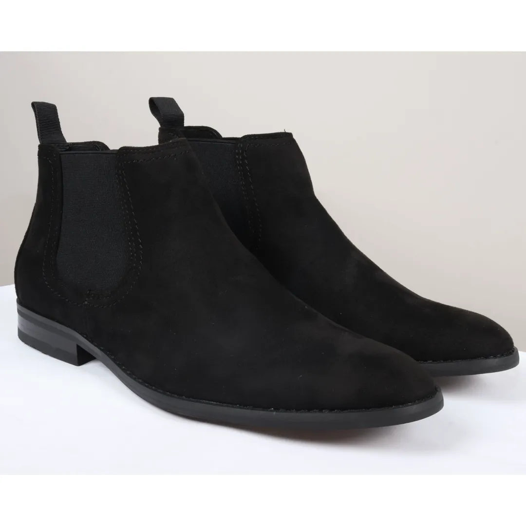 Botines Chelsea para hombre, sin cordones, de ante negro con forro de piel.