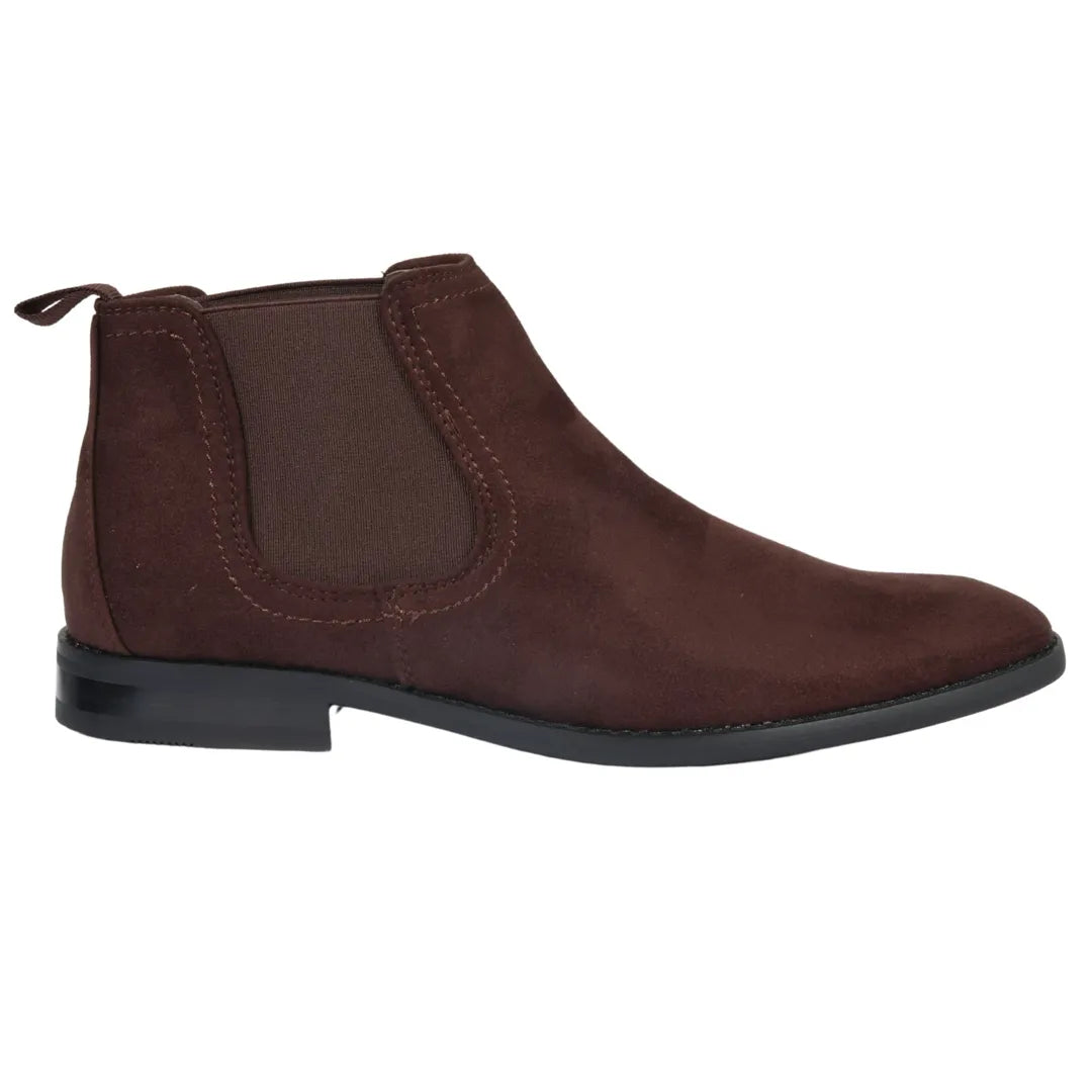Botines Chelsea para hombre, sin cordones, de ante marrón y forrados en piel.