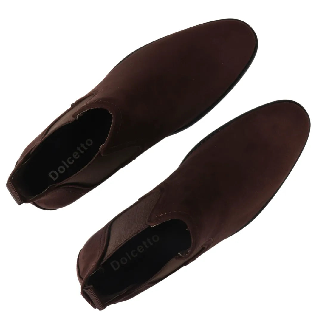 Botines Chelsea para hombre, sin cordones, de ante marrón y forrados en piel.
