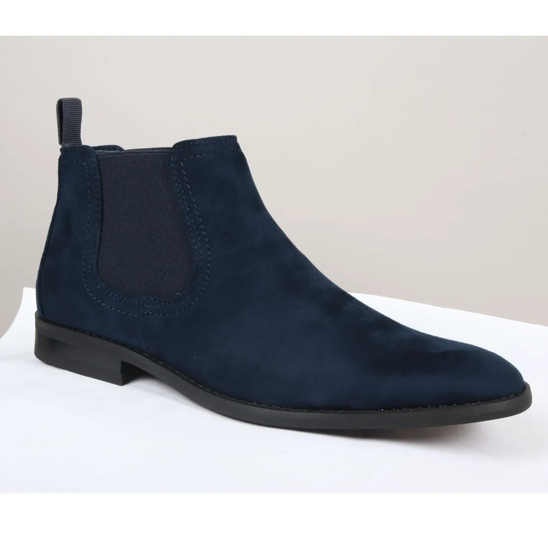 Botines Chelsea para hombre, sin cordones, de ante azul marino y forrados en piel.