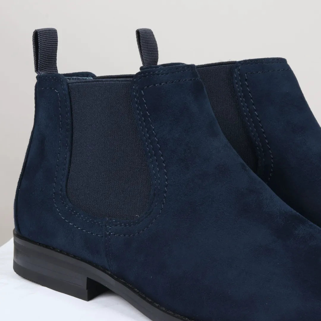 Botines Chelsea para hombre, sin cordones, de ante azul marino y forrados en piel.