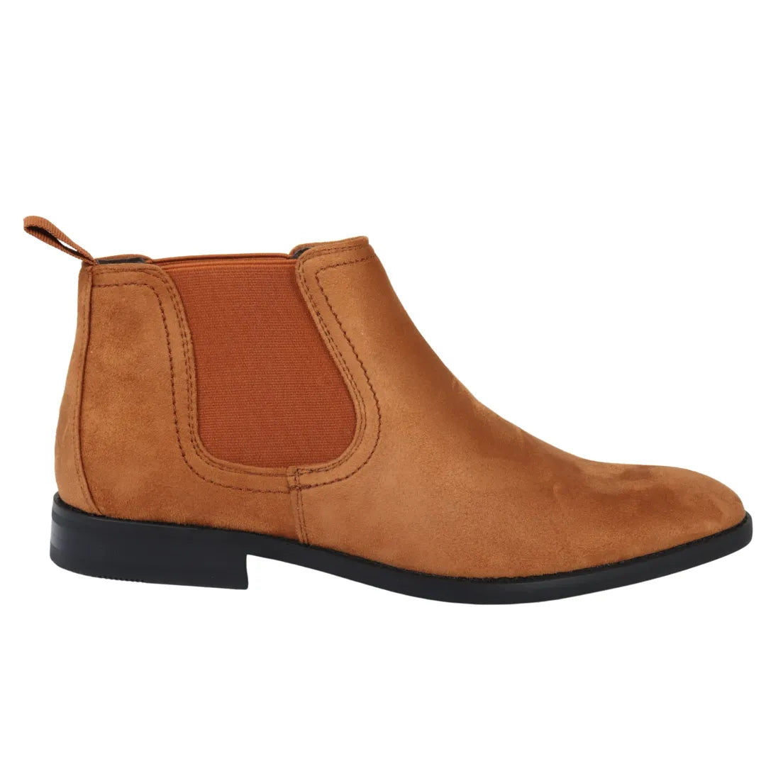 Botines Chelsea para hombre, sin cordones, de ante marrón claro con forro.