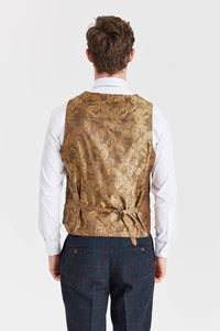 Traje azul marino Madrid con chaleco de tweed marrón Harris en contraste.