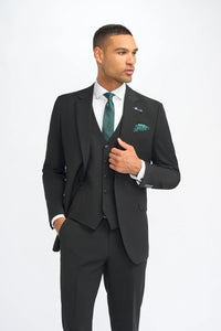 Malibu - Traje de tres piezas negro para hombre, corte sastre