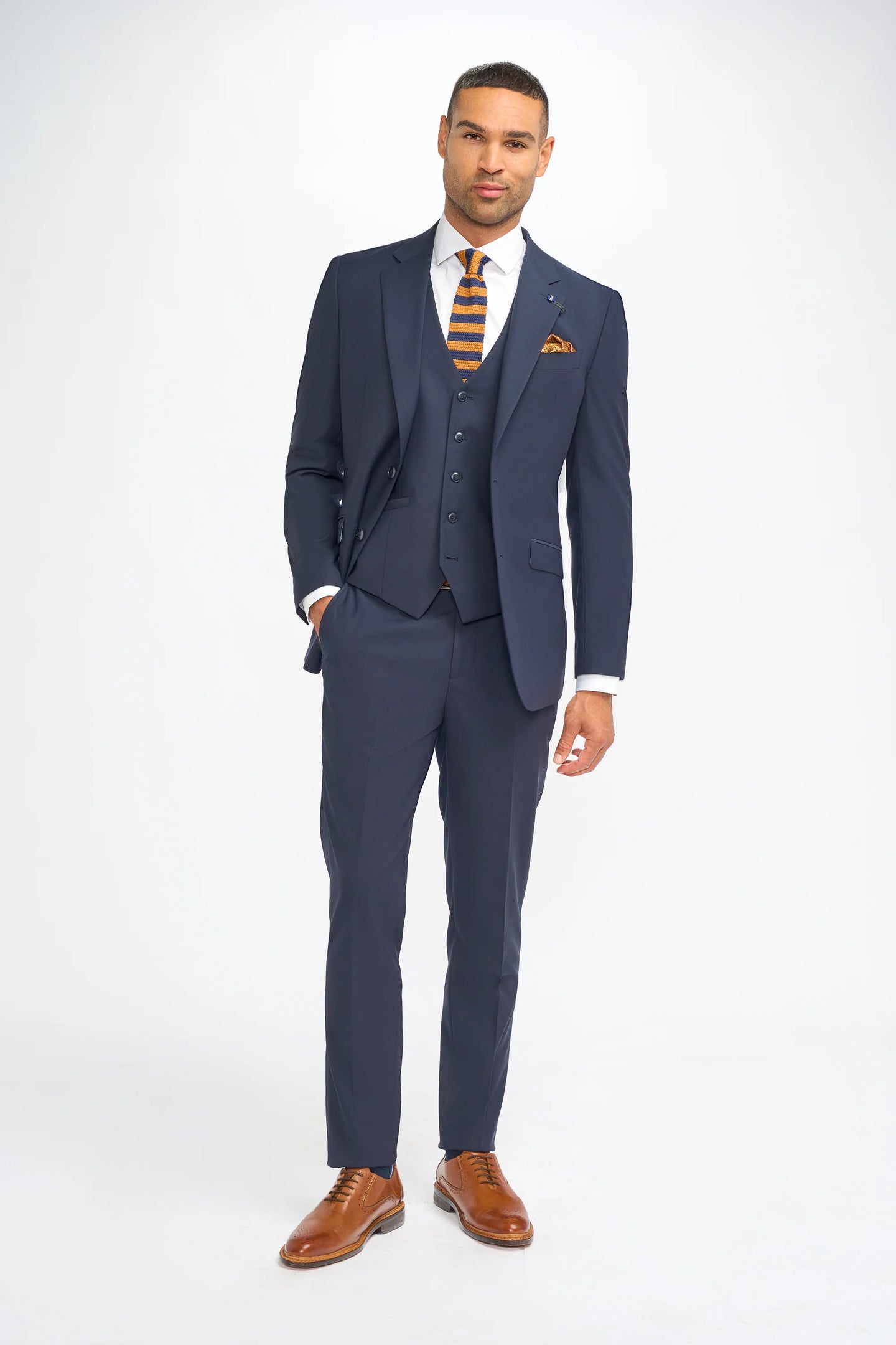 Malibu - Traje de tres piezas azul marino para hombre, corte entallado