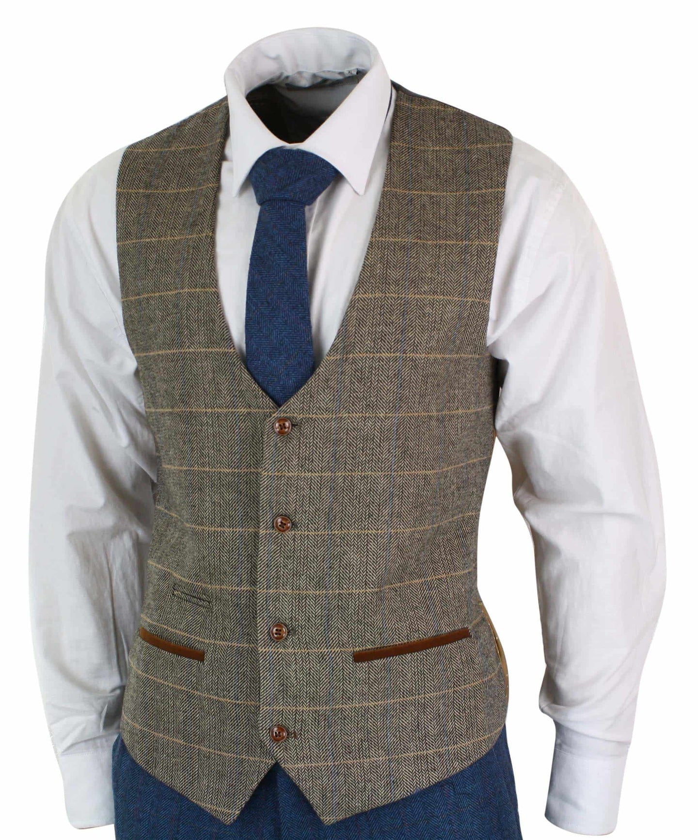 Traje de tres piezas para hombre de Marc Darcy Dion, color azul, beige y marrón, con estampado de espiga y corte vintage.