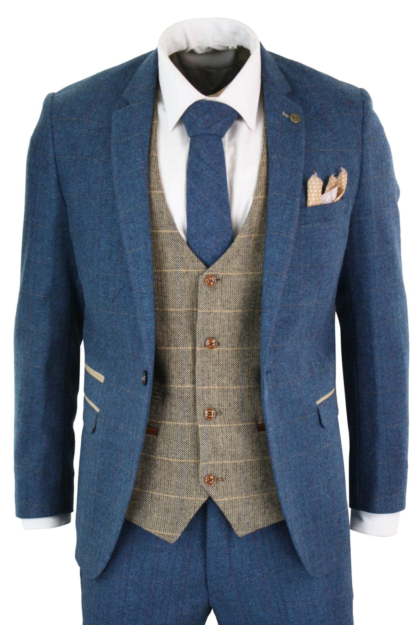 Traje de tres piezas para hombre de Marc Darcy Dion, color azul, beige y marrón, con estampado de espiga y corte vintage.