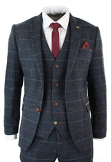 Traje de hombre Marc Darcy de 3 piezas, nuevo, con estampado de cuadros azul marino y espiga.
