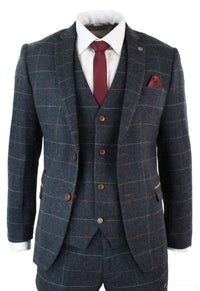 Traje de hombre Marc Darcy de 3 piezas, nuevo, con estampado de cuadros azul marino y espiga.
