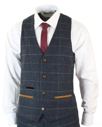 Traje de hombre Marc Darcy de 3 piezas, nuevo, con estampado de cuadros azul marino y espiga.