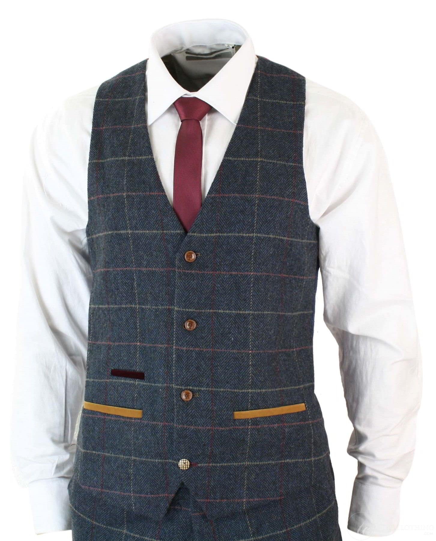 Traje de hombre Marc Darcy de 3 piezas, nuevo, con estampado de cuadros azul marino y espiga.