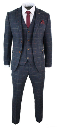 Traje de hombre Marc Darcy de 3 piezas, nuevo, con estampado de cuadros azul marino y espiga.